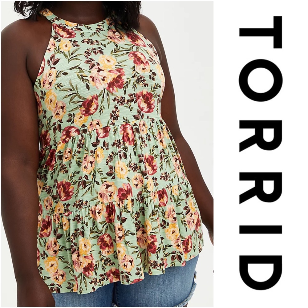 TORRID GODDESS TIERED TANK SUPER SOFT FLORAL GREEN